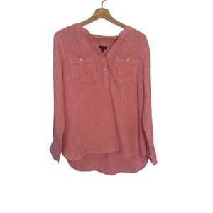 Talbots Pink Linen Popover Blouse With Roll-Tab Sleeves Womens M